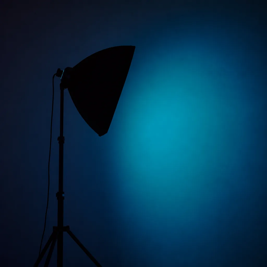 Softbox y trípode como siluetas sobre pared indigo