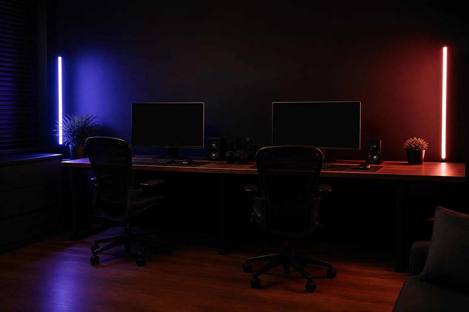 Espacio de trabajo del estudio con dos puestos de edición y luz indigo y teal