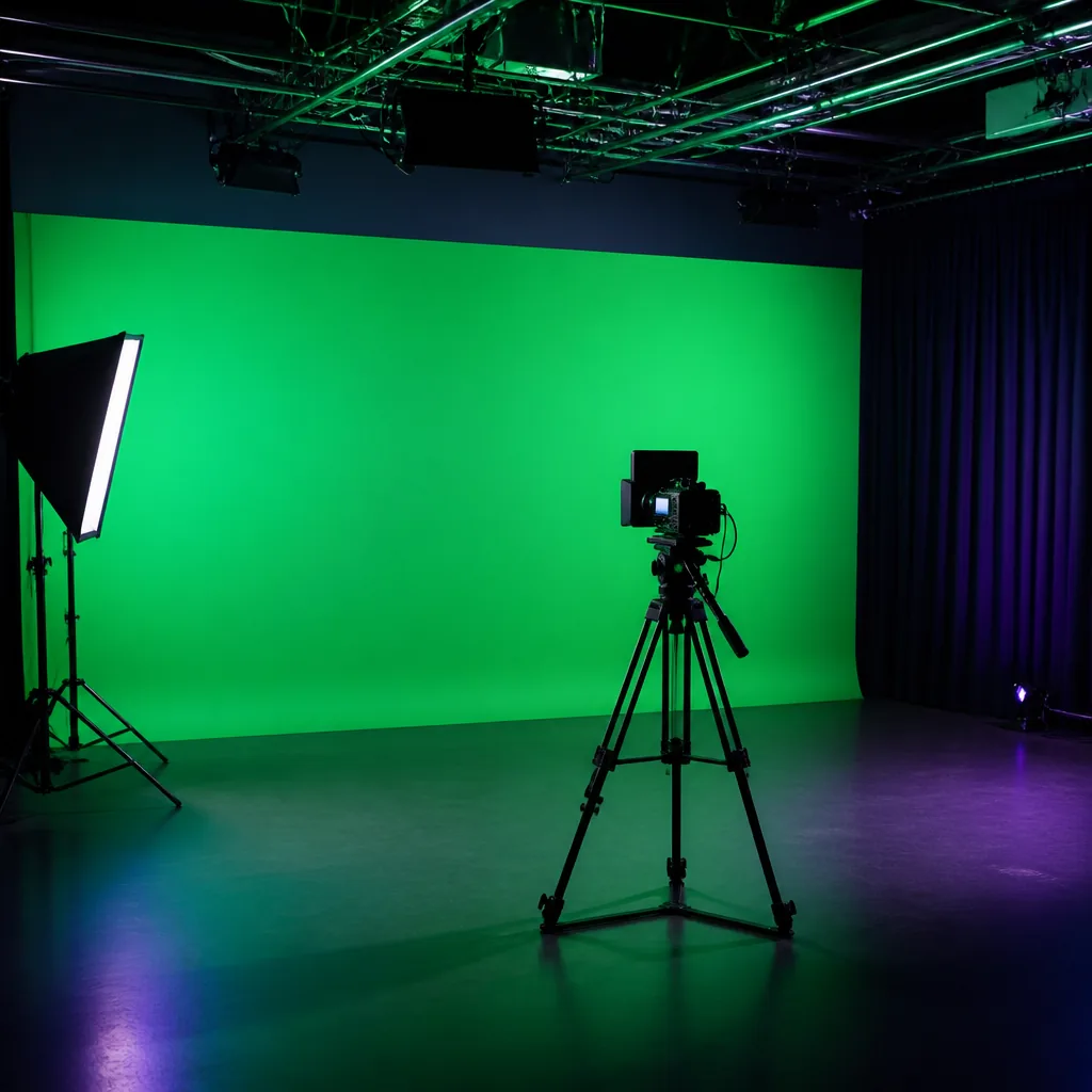 Pantalla chroma verde con cámara en trípode en estudio oscuro